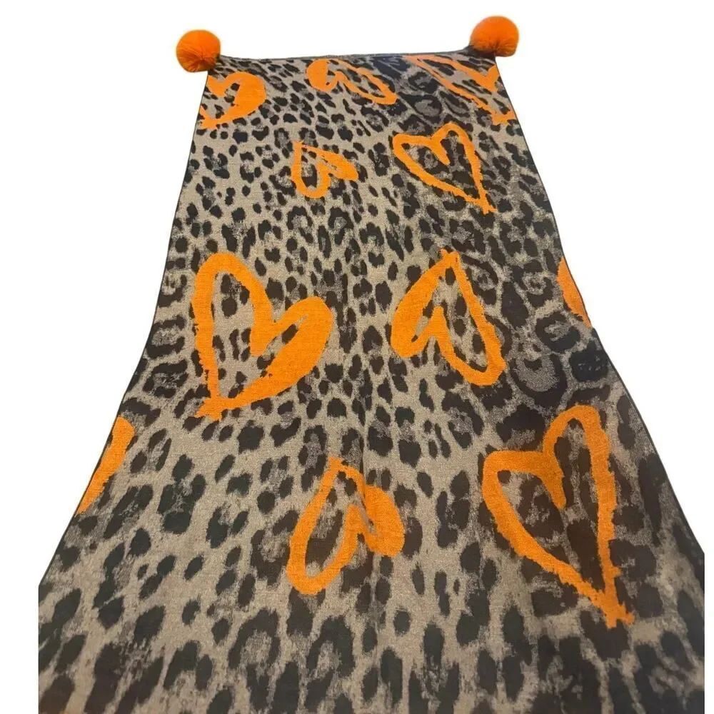 LaBelle Furs Wide Woven Leopard Print Heart Scarf with Fox Pom Poms